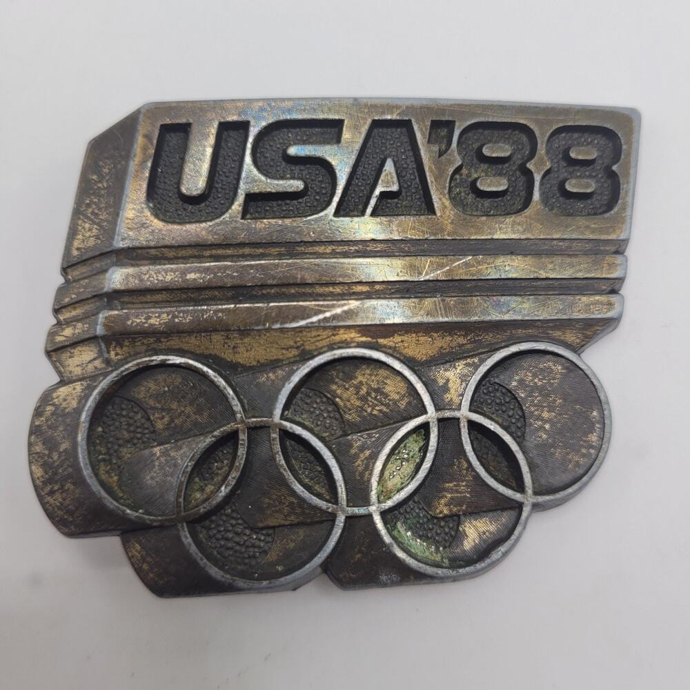Vintage USA 88 Olympics Belt Buckle Silver Metal Rings 80s Retro Americana Seoul